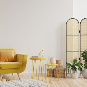 Living room interior wall mockup in warm tones with yellow armchair on white wall background.3d rendering